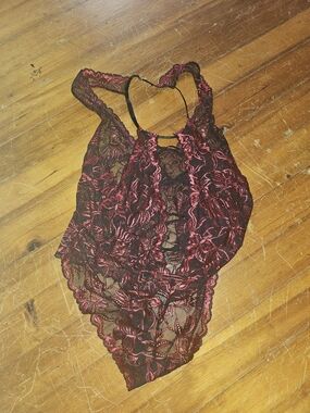 Sheer Floral Lace Halter Teddy - Burgundy